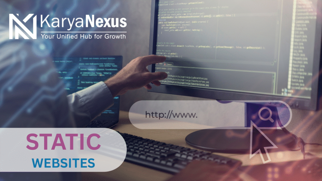 Developer working on static website coding with Karyanexus Solutions branding